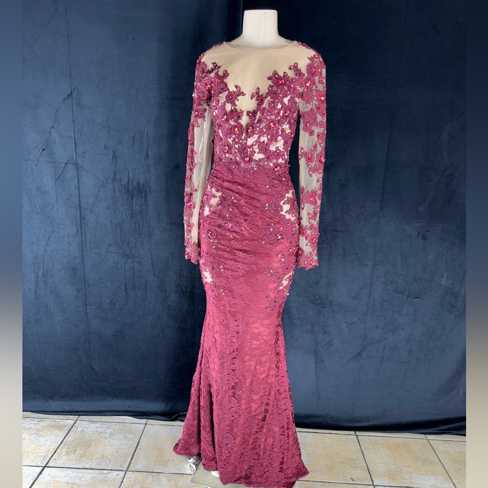 Elegant Burgundy Lace Mandalay Evening Gown